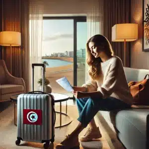 Patiente préparant son séjour médical en Tunisie avant une chirurgie esthétique, avec documents médicaux et valise dans une chambre confortable
